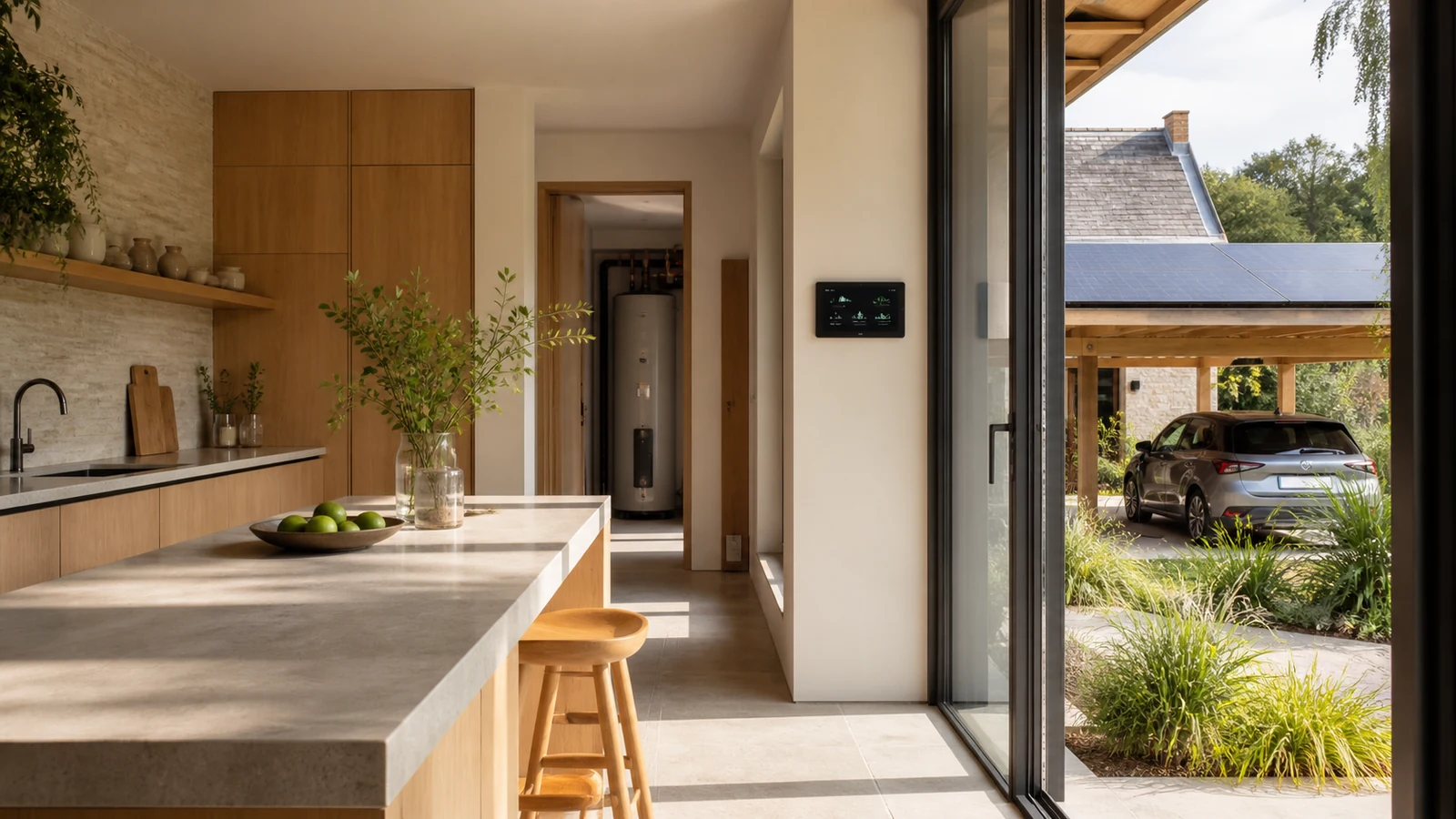 Autoconsommation solaire et mobilité électrique Maison française premium en autoconsommation avec panneaux solaires et véhicule électrique sous carport