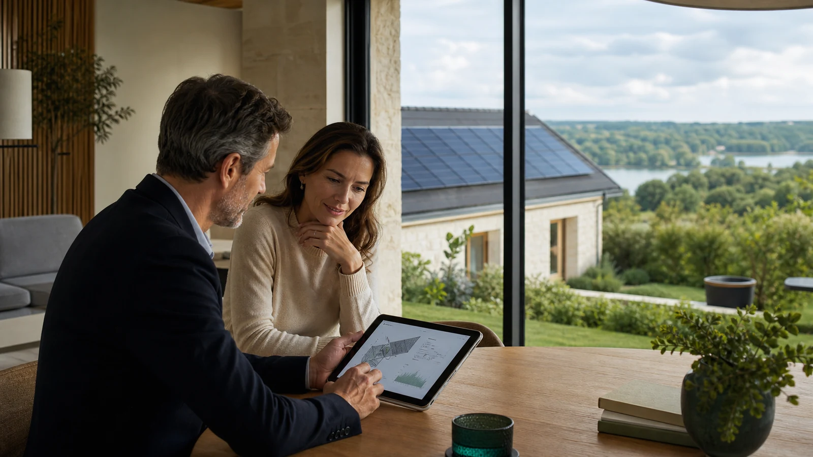 Étude personnalisée d'un projet solaire Conseiller photovoltaïque présentant une étude de production à un propriétaire dans un intérieur contemporain