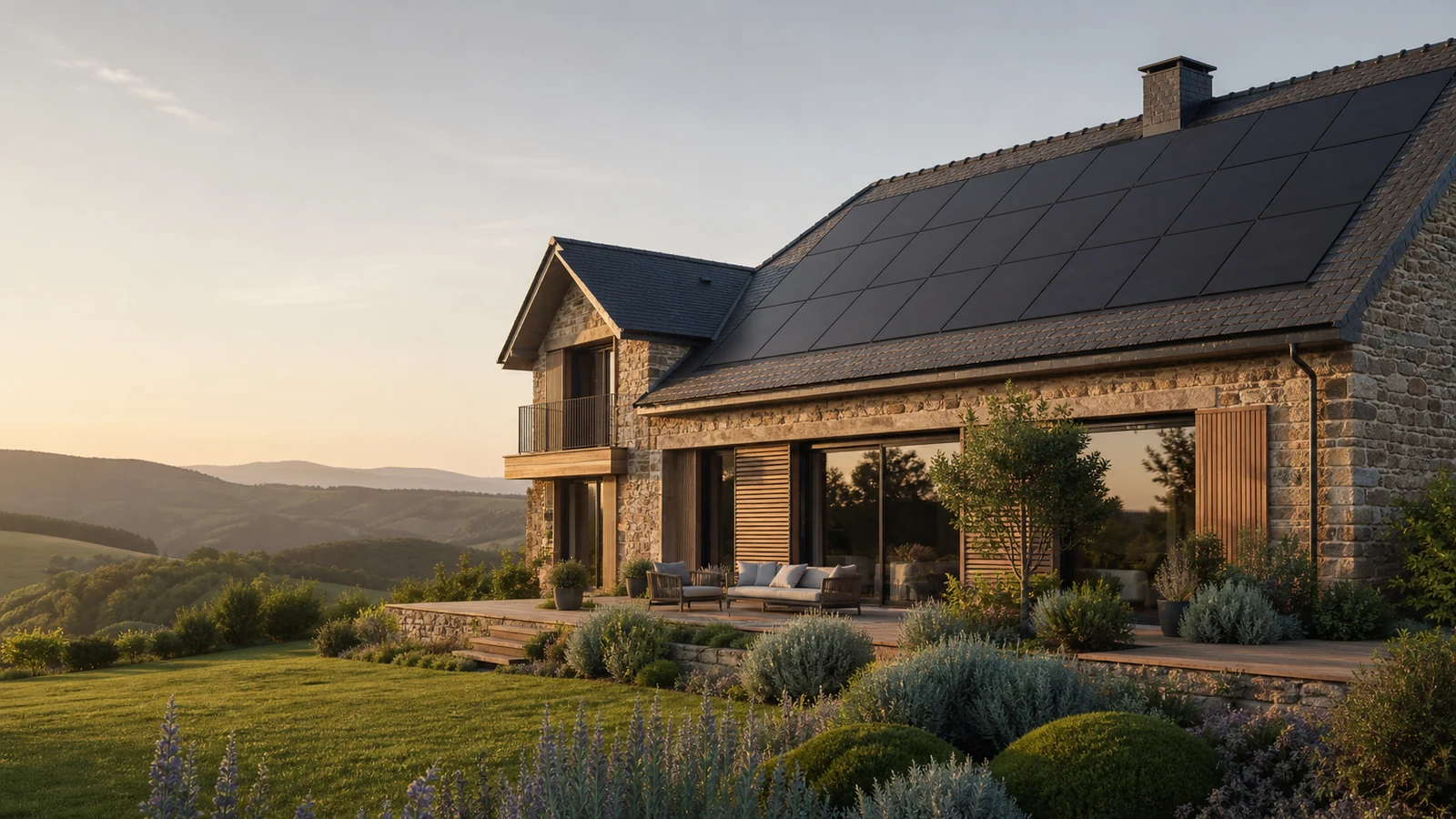 Maison solaire premium dans la Loire Maison contemporaine en pierre et bois équipée de panneaux solaires dans la Loire au soleil couchant