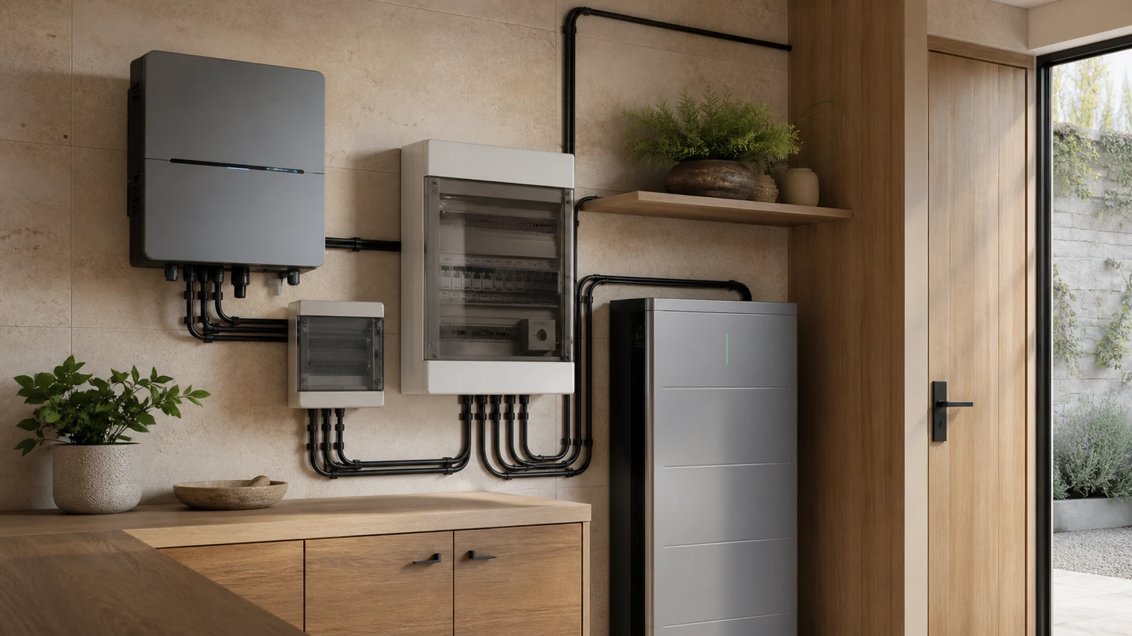 Onduleur et batterie solaire haut de gamme Local technique soigné avec onduleur photovoltaïque, protections électriques et batterie résidentielle